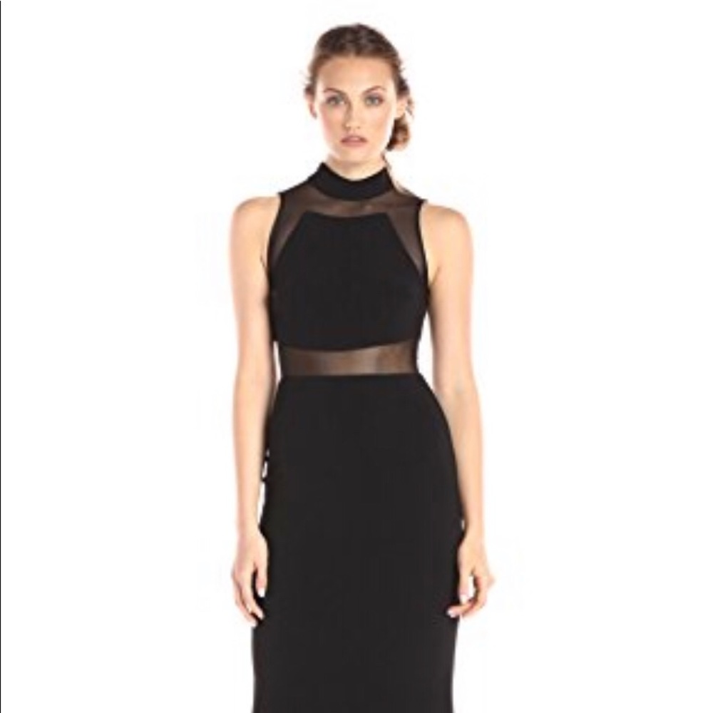 Betsy & Adam Black High Neck Illusion Gown